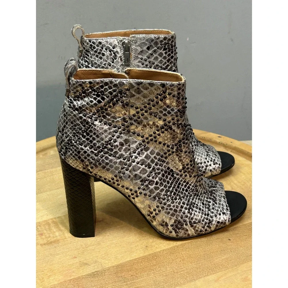 Calvin Klein Jules Booties Women 9.5 Silver Metallic Snakeskin Beaded Peep Toe